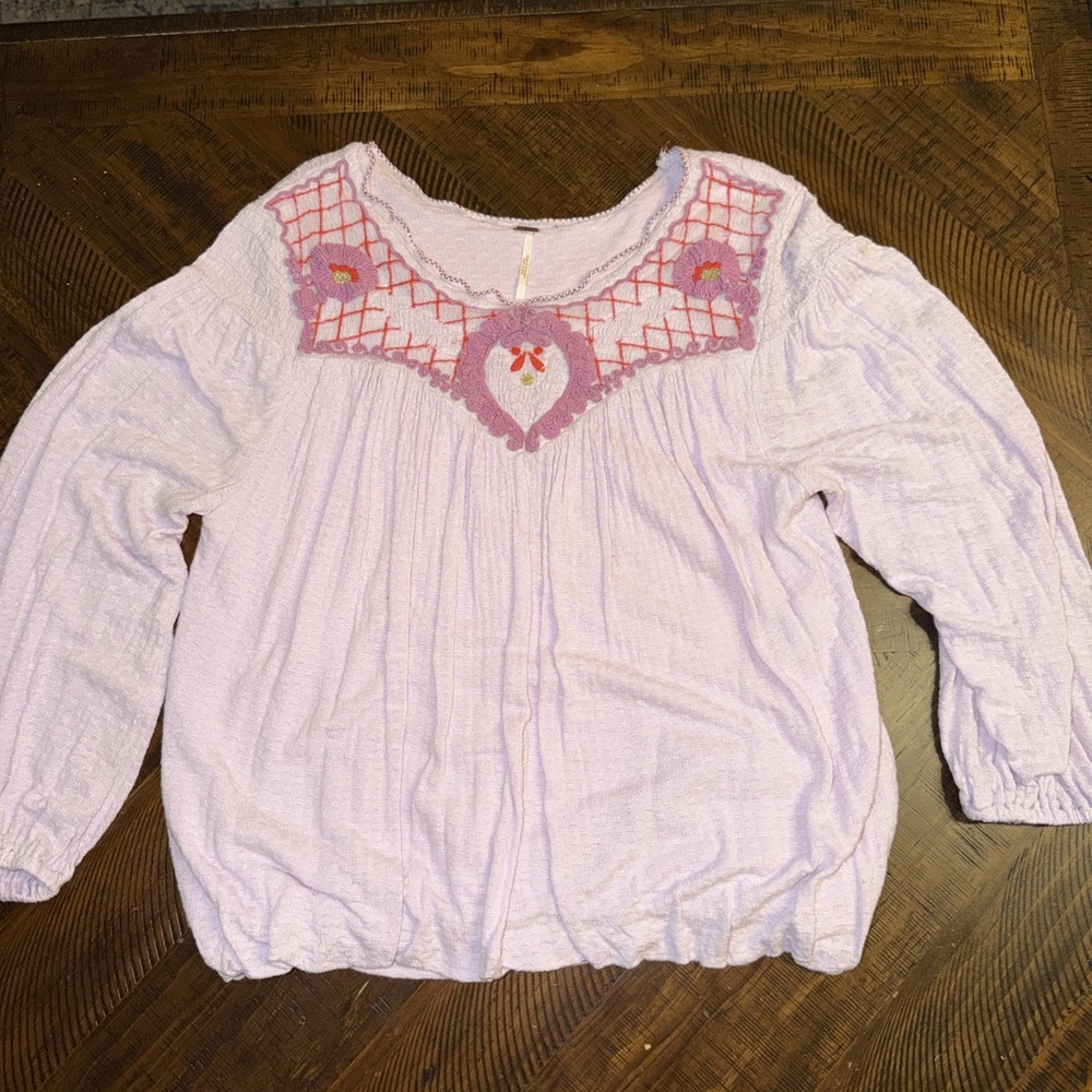 Free People Lavender S Embroidered Cropped Balloon Blouse 3/4 Sleeves Lined Boho